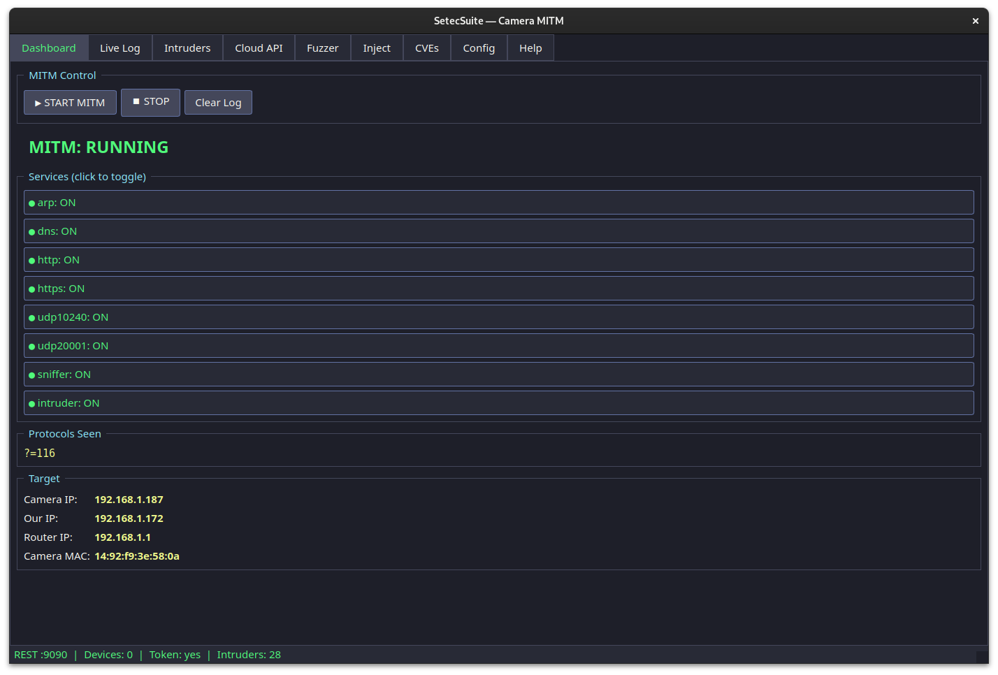 SetecSuite Dashboard tab — services running, protocols counted, target identified