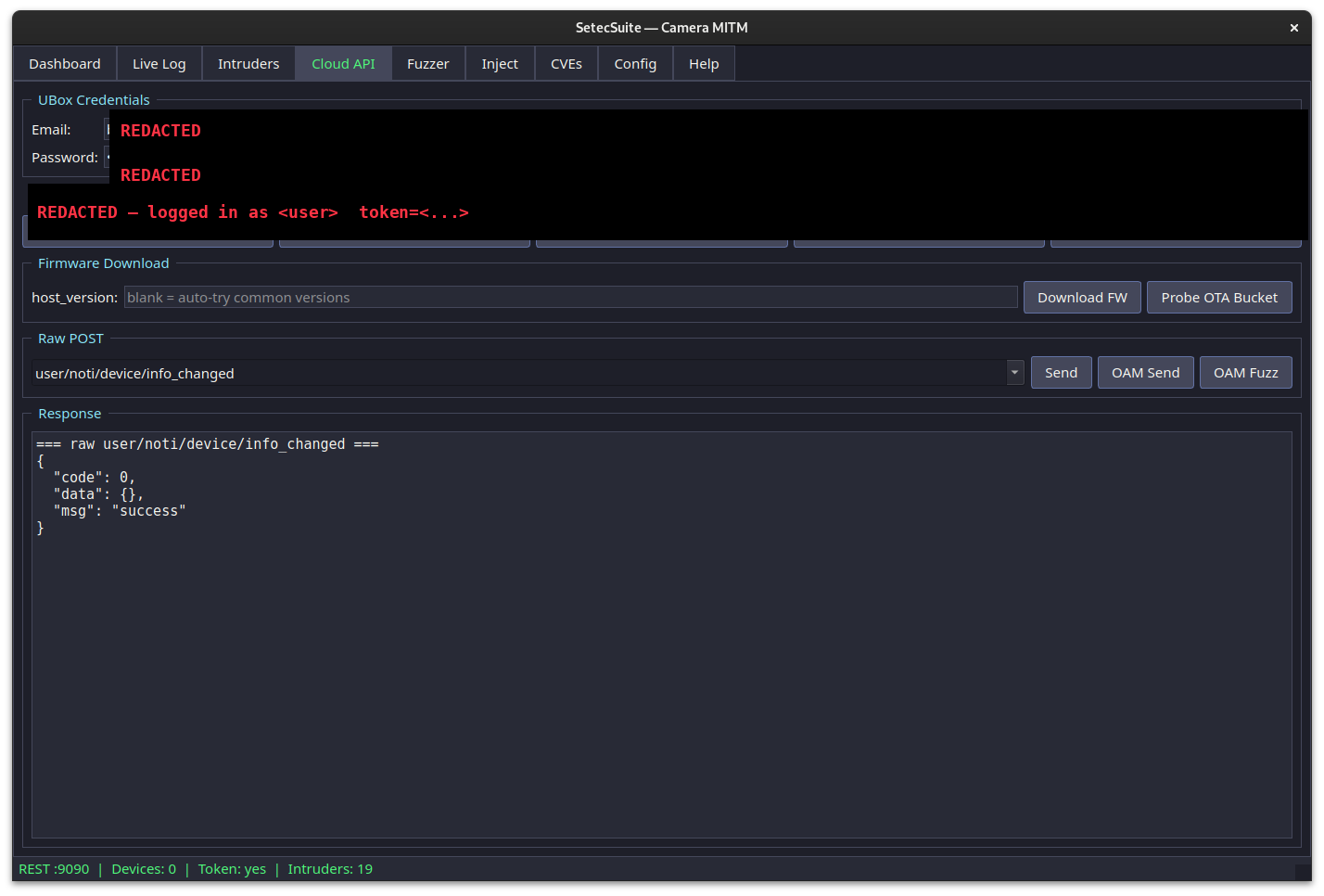 Cloud API tab showing the credential leak response — sensitive fields redacted