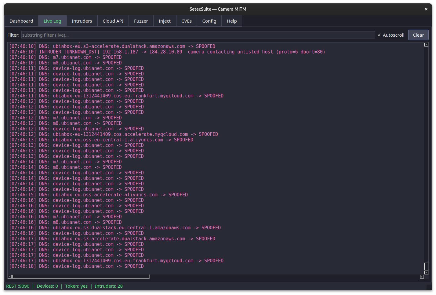 SetecSuite Live Log — DNS spoof entries plus intruder events for the camera contacting unlisted hosts